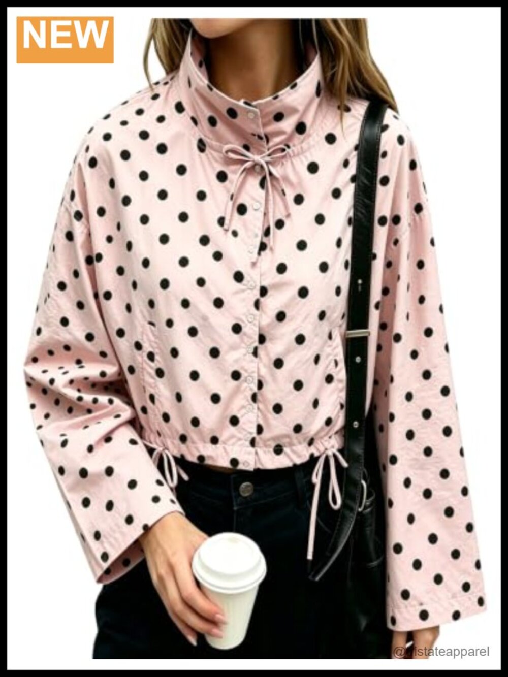 Women Oversized Polka Dot Crop Jacket Button Up Long Sleeve Casual Outerwear